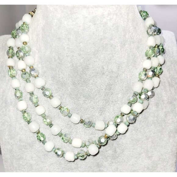 Vintage 60s Mint Green Crystal & Milk Glass Triple Strand Necklace Adjustable - Picture 2 of 6